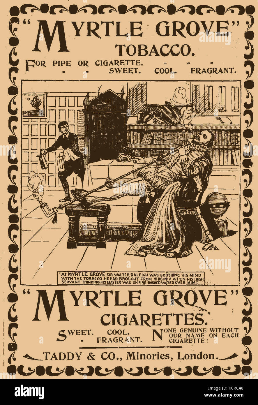A Victorian (1896) advertisement for Myrtle Grove tobacco & cigarettes, featuring Sir Walter Raleigh smoking an extra long pipe and servant bringing water to put out the fire Stock Photo