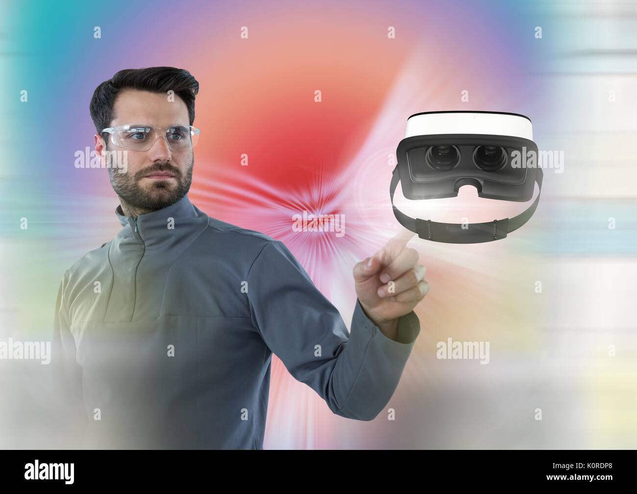 Digital composite of Man touching and interacting with virtual reality ...