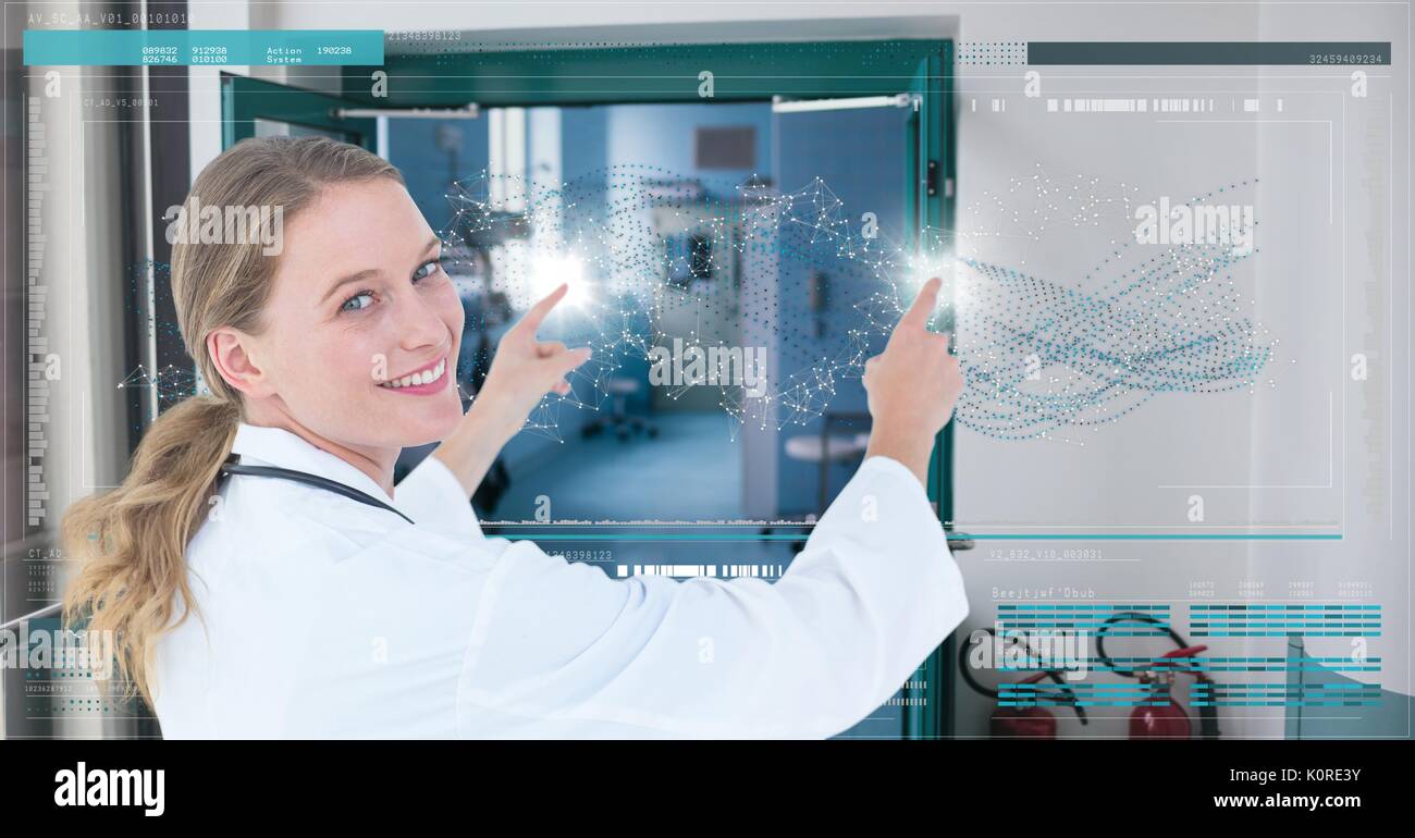 Digital composite of Happy doctor woman interacting with DNA interface Stock Photo