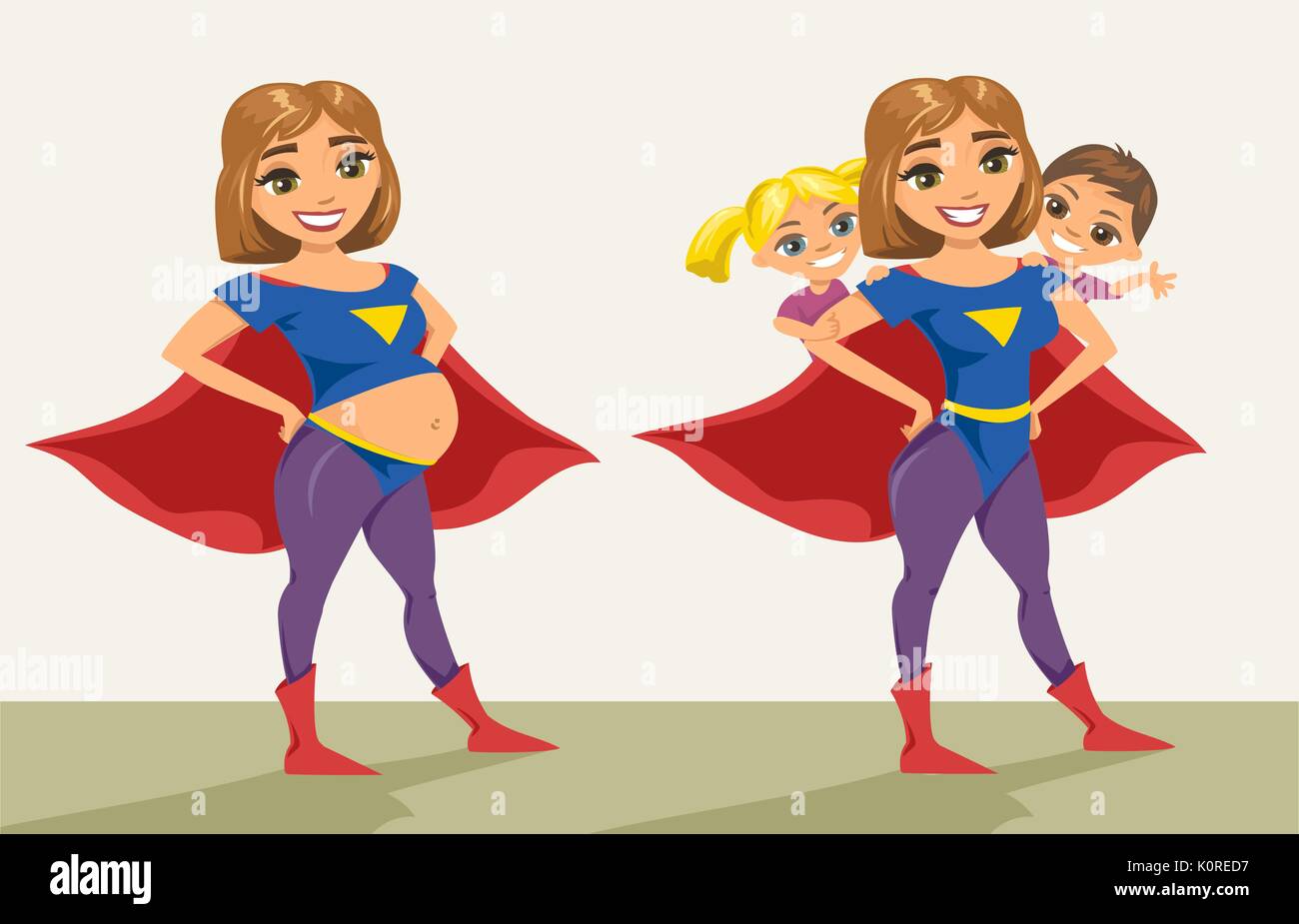Super hero, super mom. Happy smiling super mother with her children. Vector illustration with isolated characters. Stock Vector