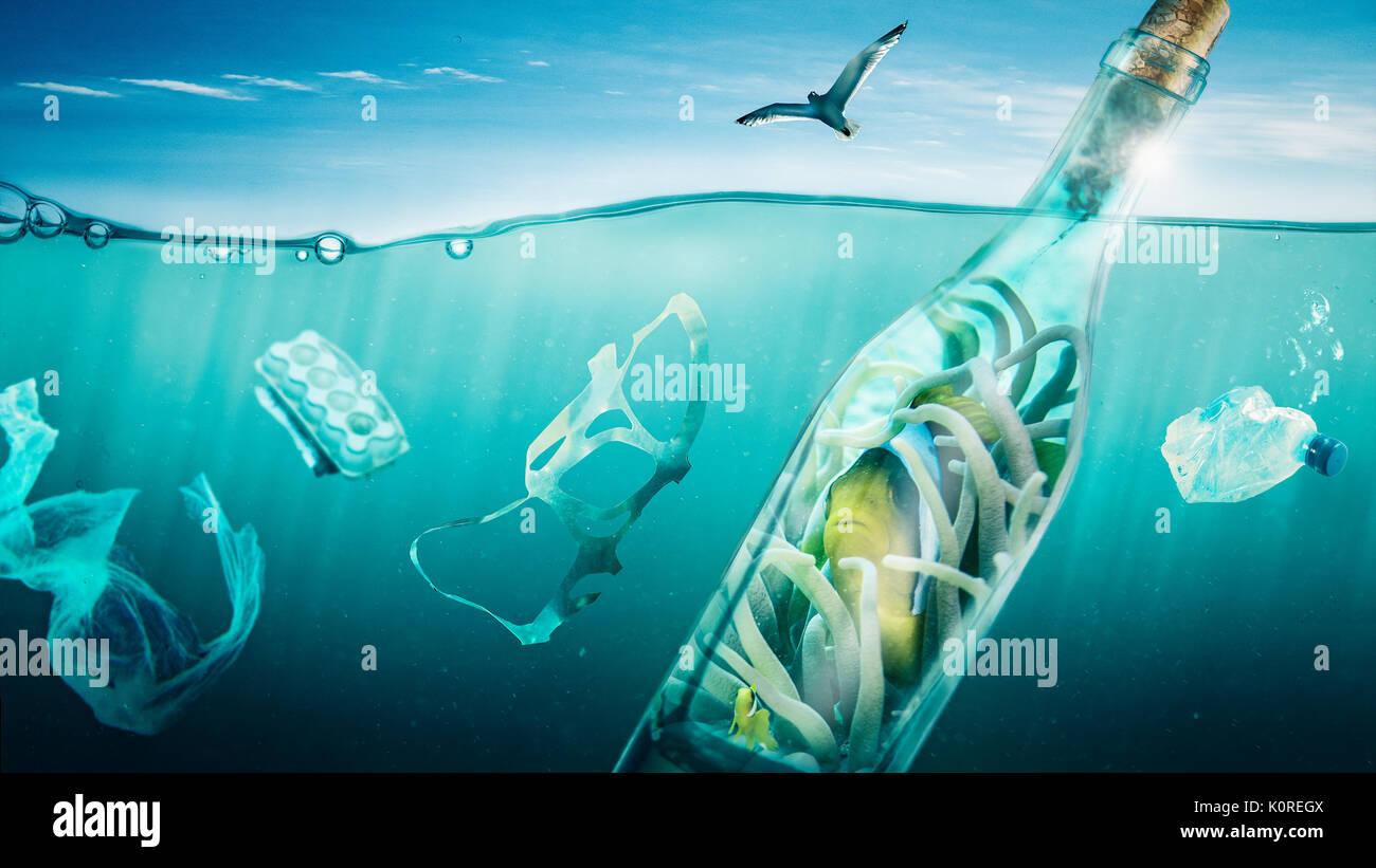 Fish protects itself in a bottle from environmental pollution Stock Photo