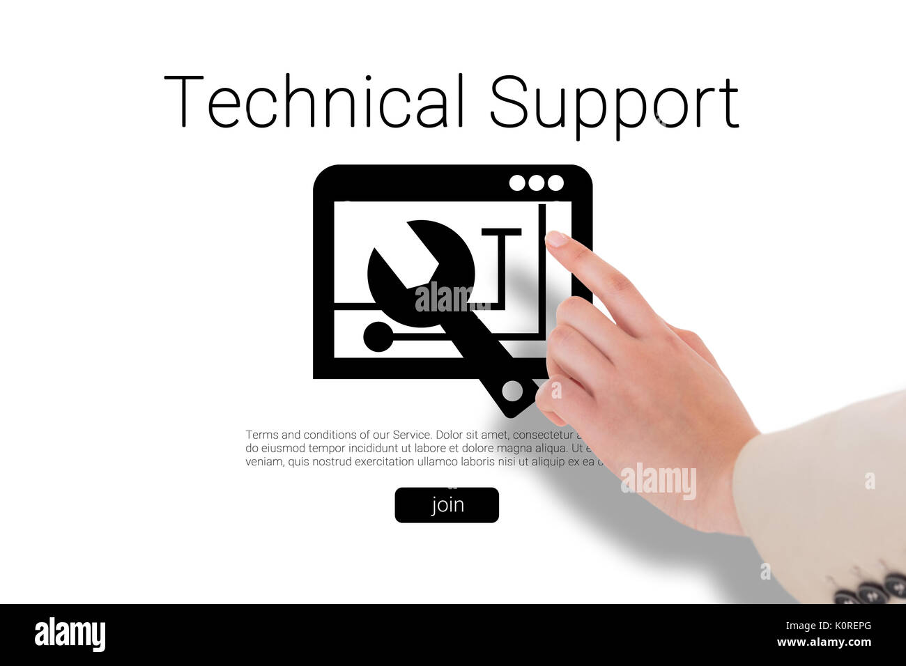 Businesswoman pointing against tool with technical support text Stock Photo