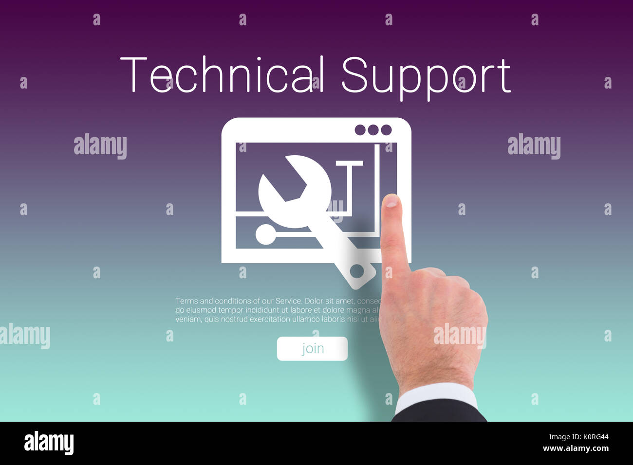Businessman touching invisible screen against purple and blue background Stock Photo