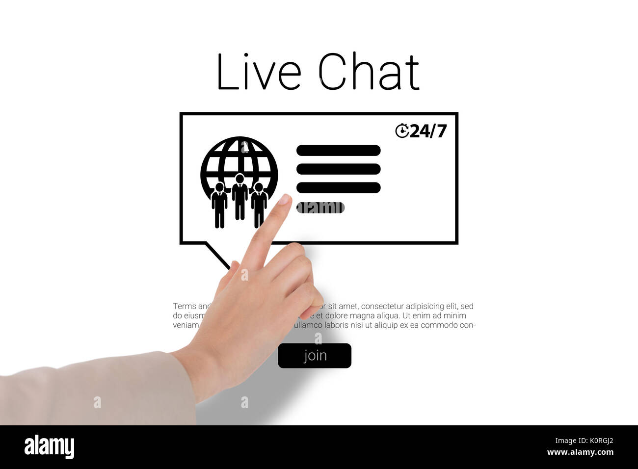 Businesswoman pointing against icons and live chat text Stock Photo