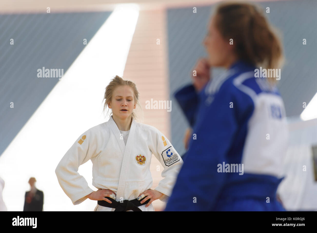 St. Petersburg, Russia - April 16, 2016: Daria Pichkaleva of Russia (white) in the match against Kim Akker of Netherlands during the Junior European J Stock Photo