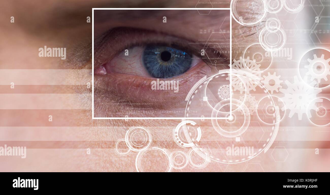 Digital composite of man with eye focus box detail and lines interface ...