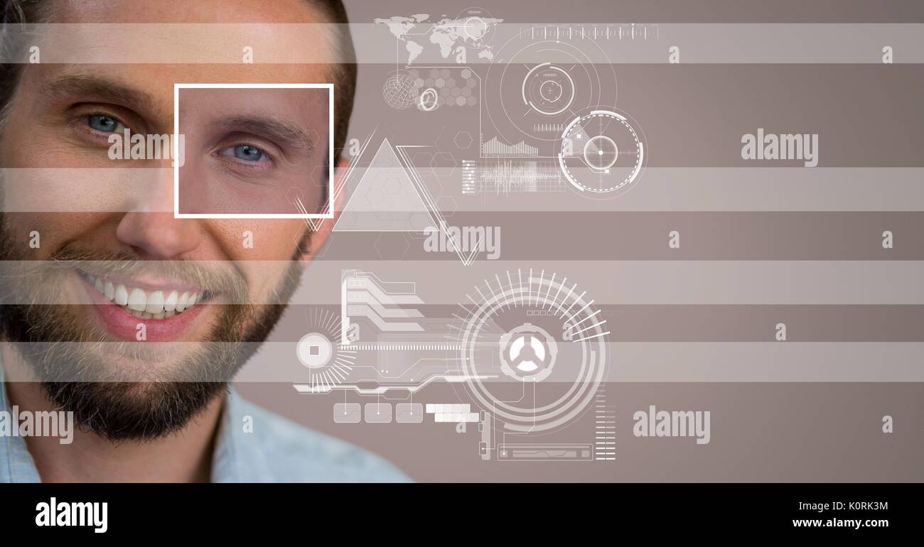 Digital composite of man with eye focus box detail and lines interface ...