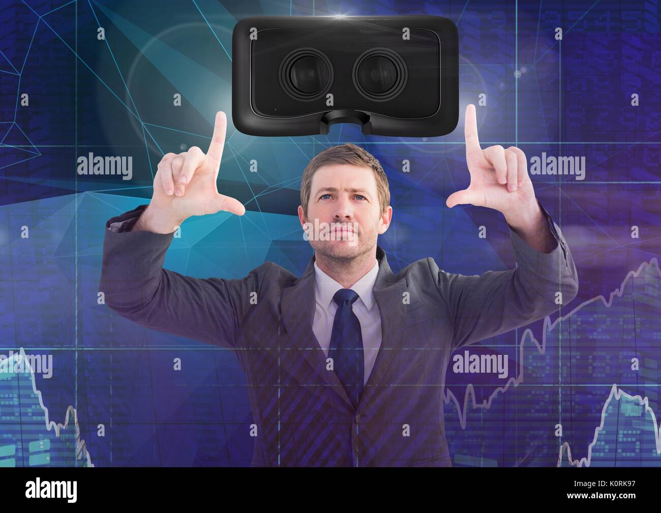Digital composite of Man touching and interacting with virtual reality ...