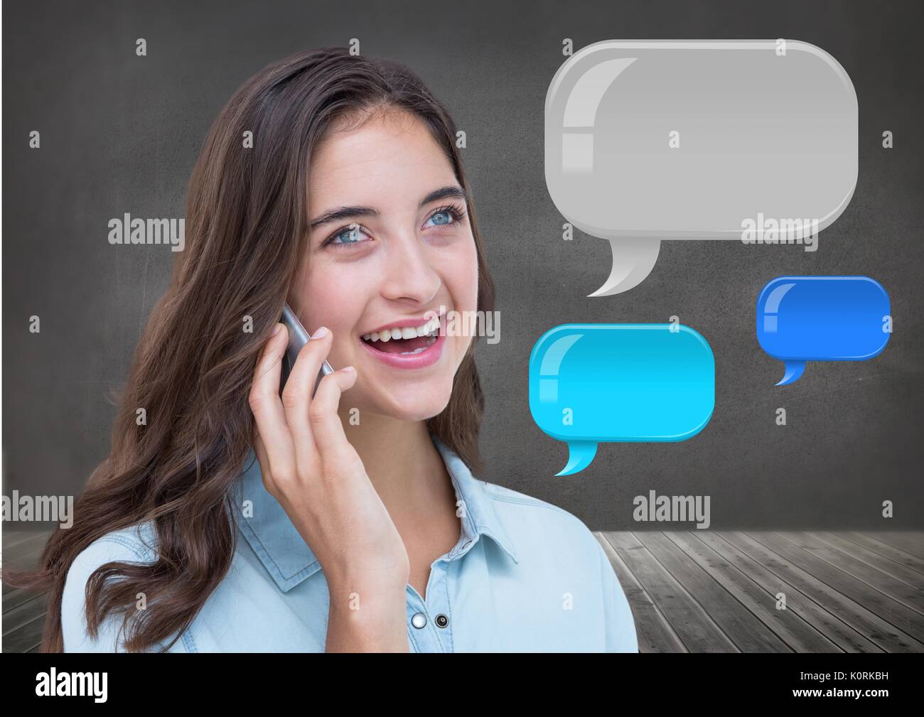 Digital composite of Woman on phone with shiny chat bubbles Stock Photo