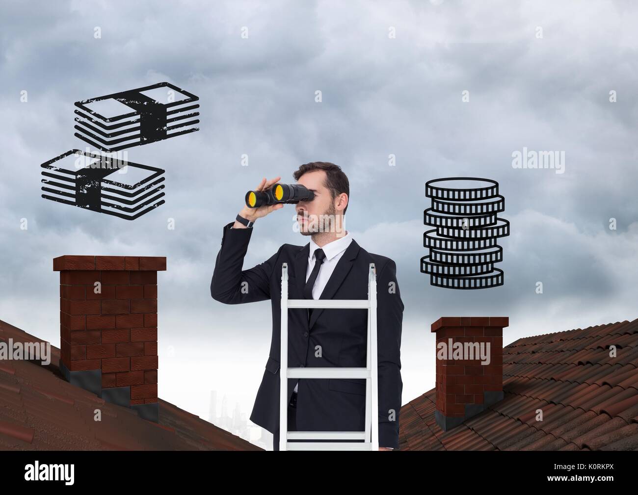 Digital composite of Businessman on property ladder with Roofs and money icons Stock Photo