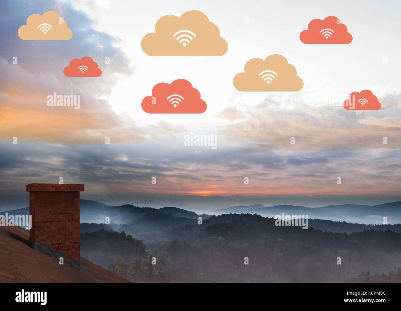 Digital composite of Upload clouds floating over roof and landscape Stock Photo