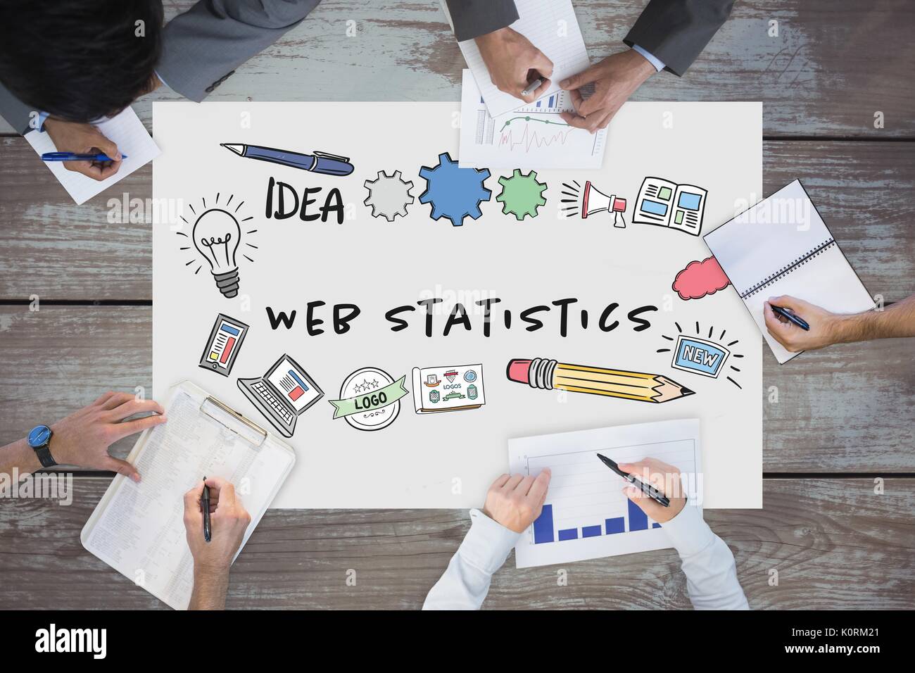 Digital composite of table top meeting with web graphics stock photo 