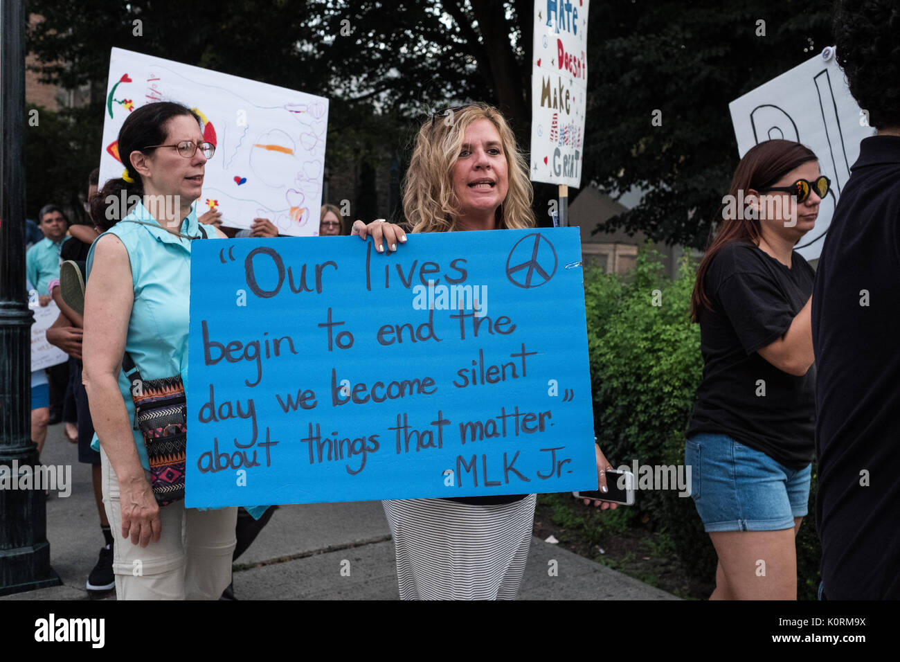 Residents of a small town in lower Hudson Valley in New York State protest against President Trumps  and the racial tensions in Charlottesville Stock Photo