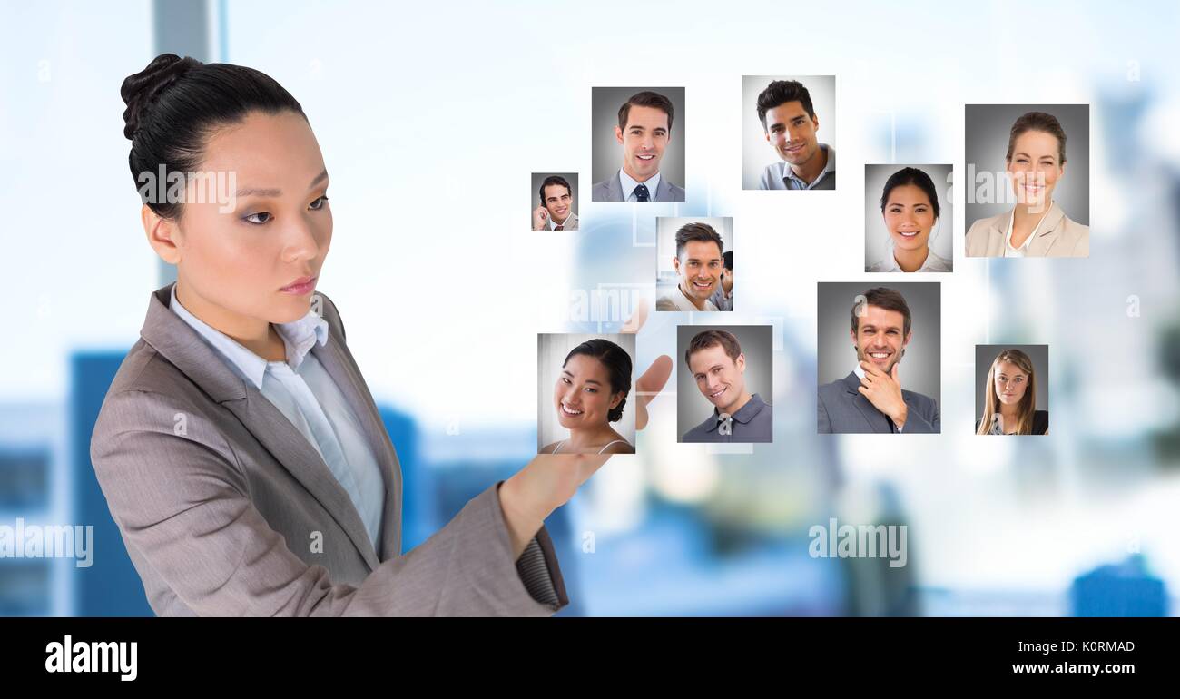 Digital composite of Businesswoman interacting and choosing a person from group of people interface Stock Photo