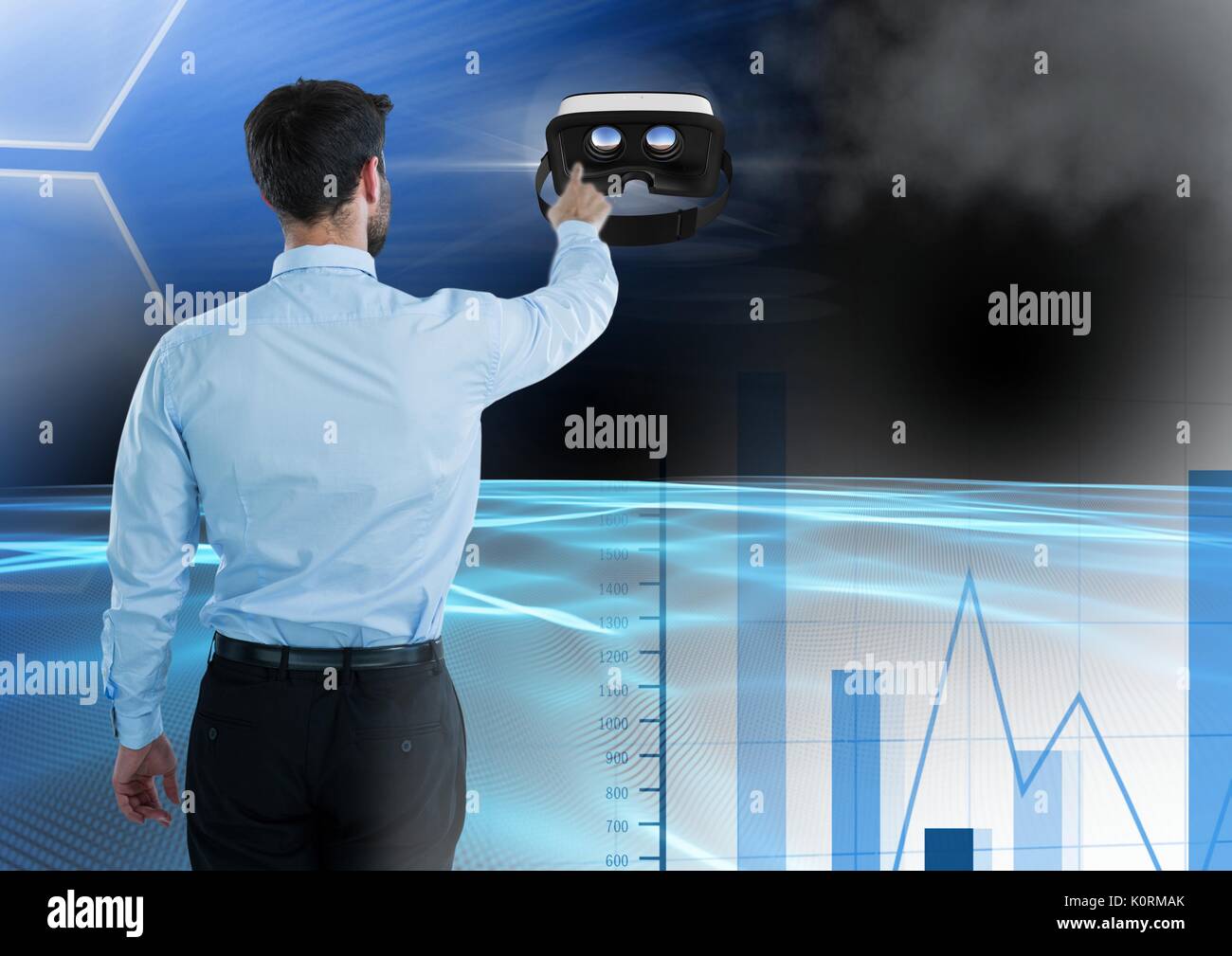 Digital composite of Man touching and interacting with virtual reality ...