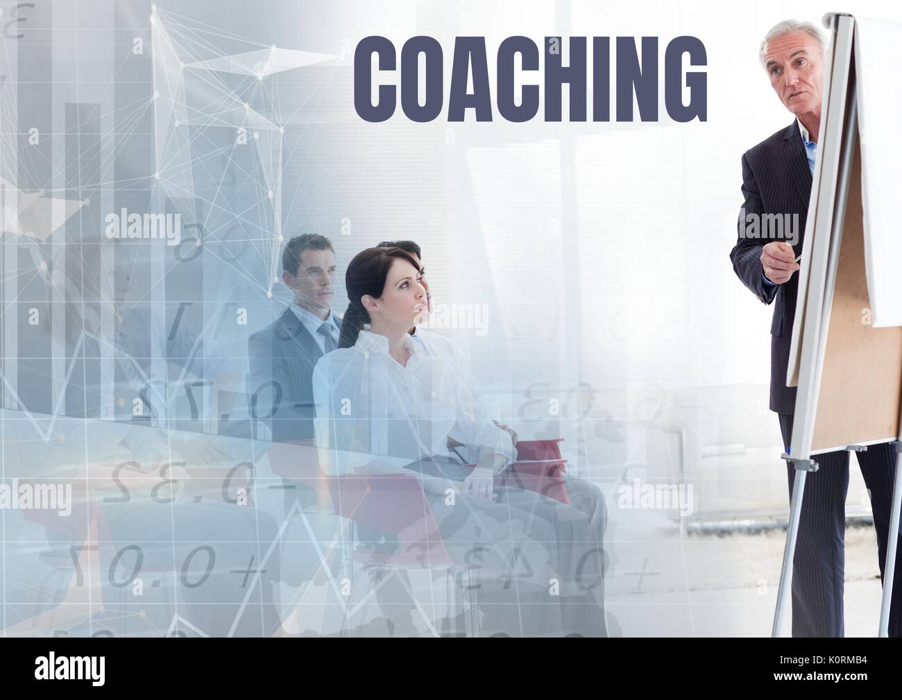 Digital composite of Coaching text and Business economics teacher with class Stock Photo
