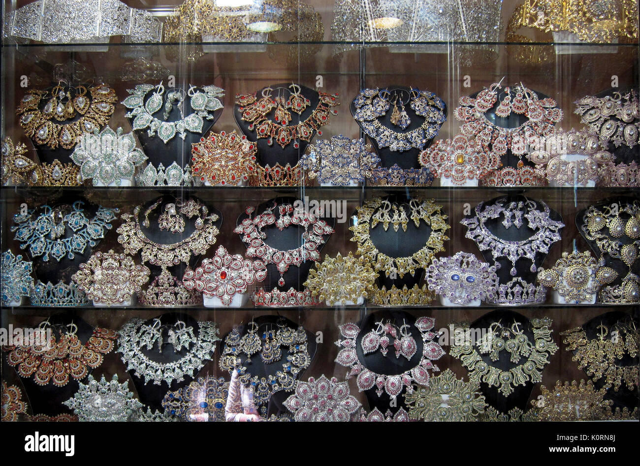 Moroccan wedding jewellery in a shop in the Medina of Fes Morocco