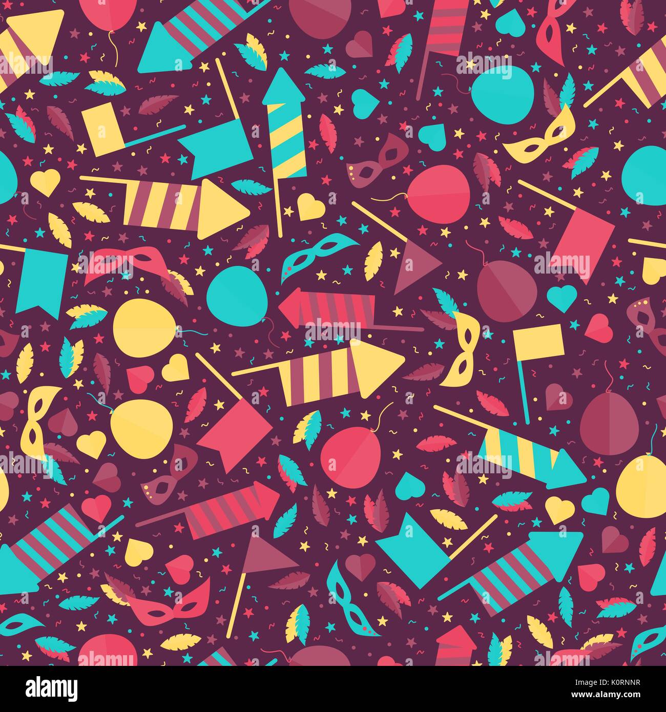 Happy Carnival Festive Seamless Pattern with Mask Firework Rocket Stars and Confetti Stock Vector
