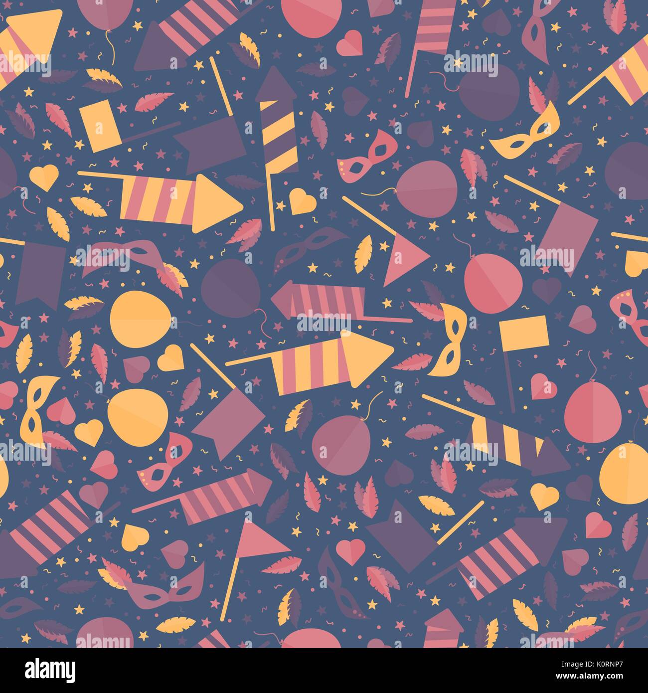 Happy Carnival Festive Seamless Pattern with Mask Firework Rocket Stars and Confetti Stock Vector