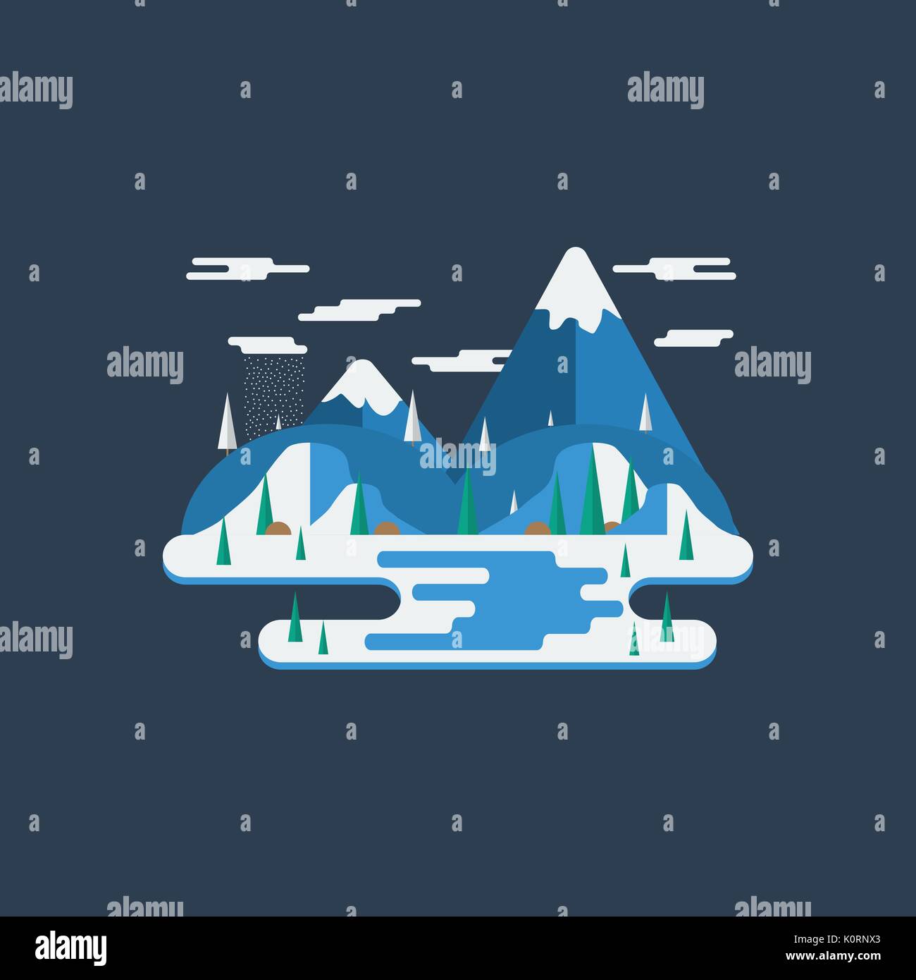 Flat design winter nature landscape illustration with mountains, hills ...