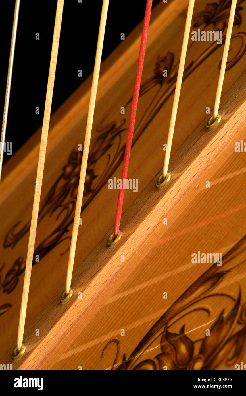 Concert harp of German origin closeup of detail showing tuning pegs