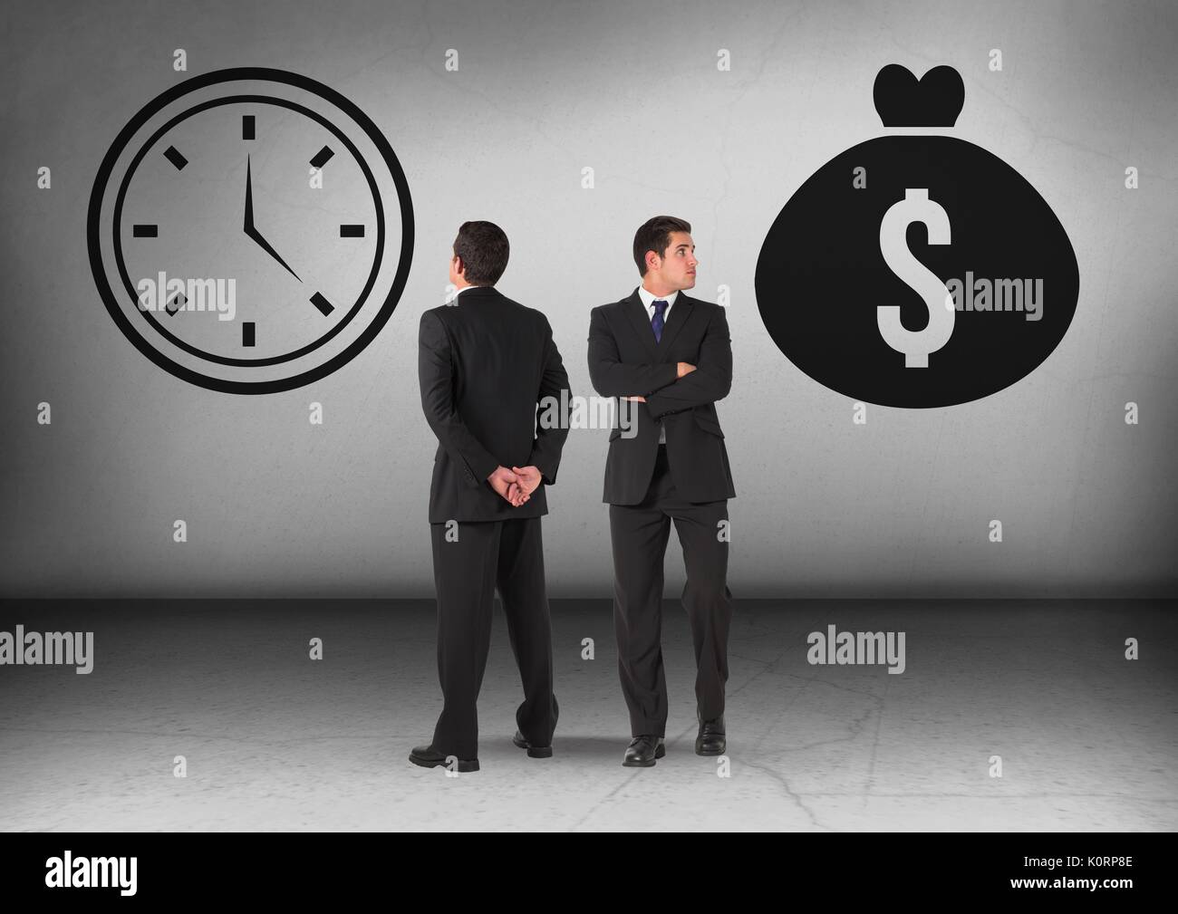 Digital composite of Money bag and clock time with Businessman looking