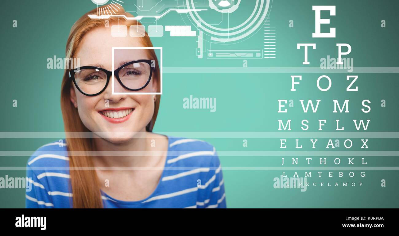 Digital composite of Woman with eye focus box detail over glasses and
