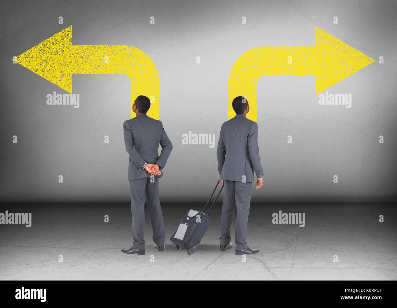 Digital composite of Left or right arrows with Businessman looking in