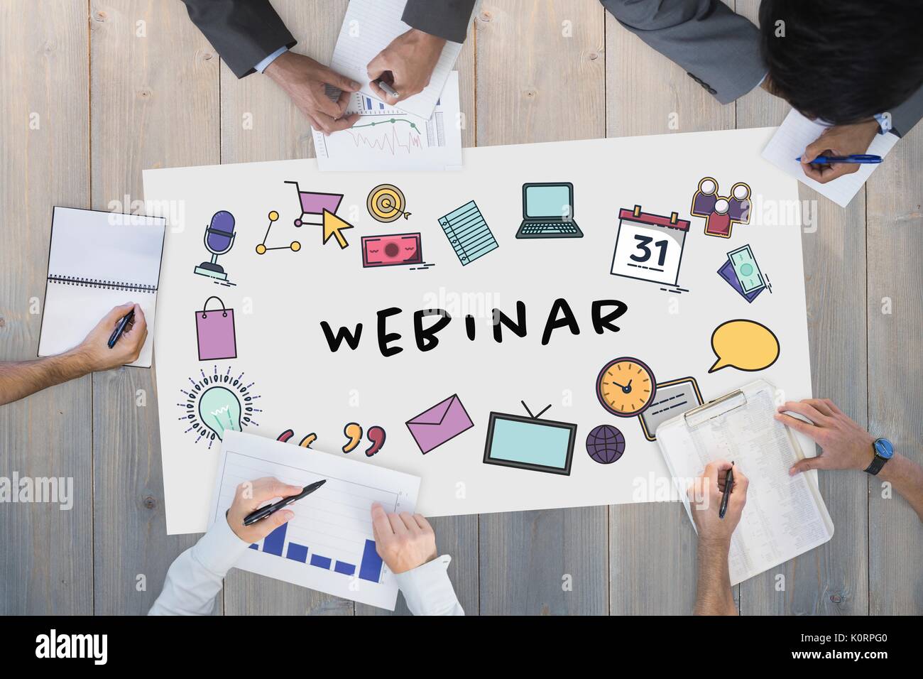 Digital composite of Table top meeting with web graphics Stock Photo