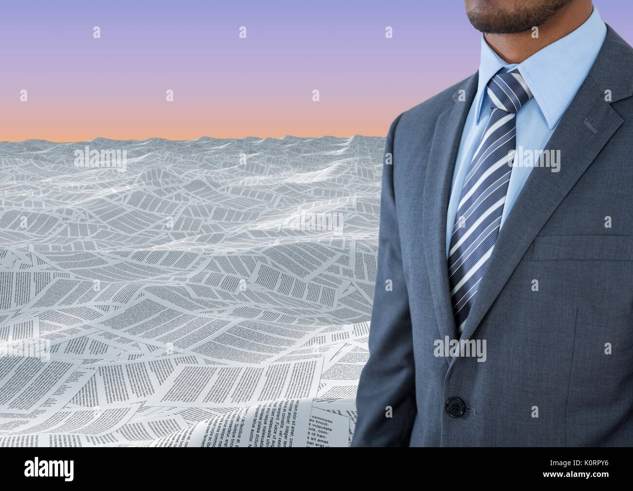 Digital composite of Businessman in sea of documents under sky Stock Photo