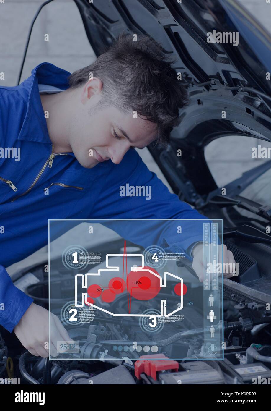 Digital composite of Car interface against man repairing a car Stock Photo
