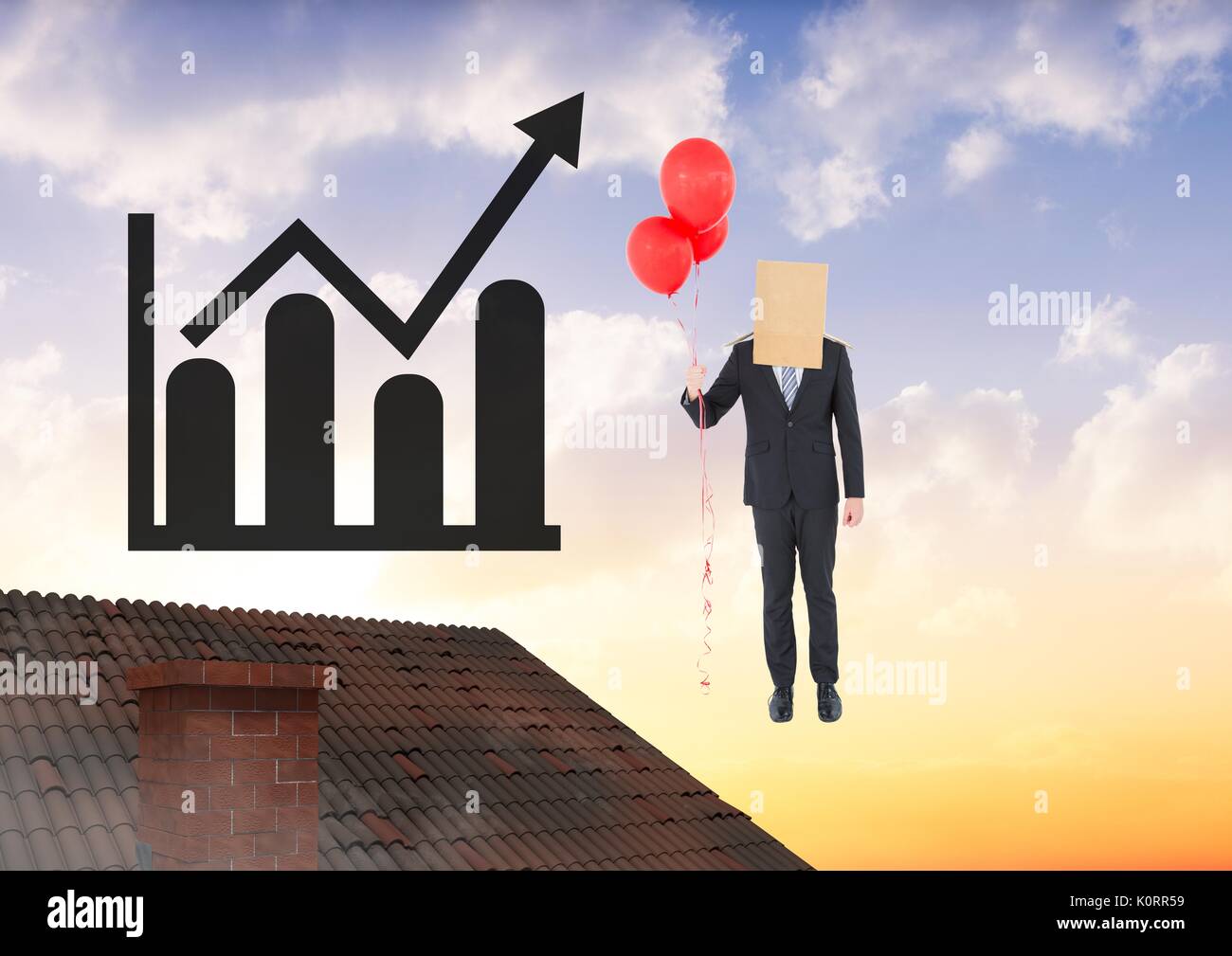 Digital composite of Man floating with balloons and paper bag on head over roof with incremented bar chart Stock Photo