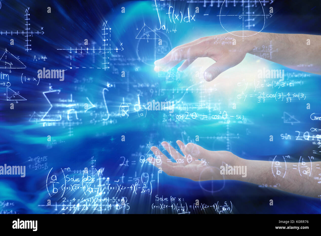 Cropped hands of man gesturing against illustration of mathematical equations with solution Stock Photo