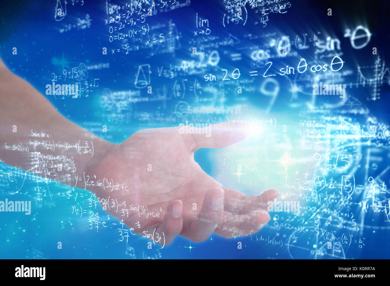 Hand of man pretending to hold an invisible object against digitally generated image of polynomial equations with solution Stock Photo