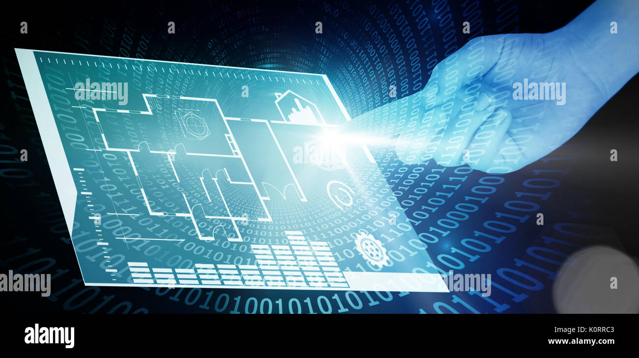 Cropped hand pointing on white background against spiral of shiny binary code Stock Photo