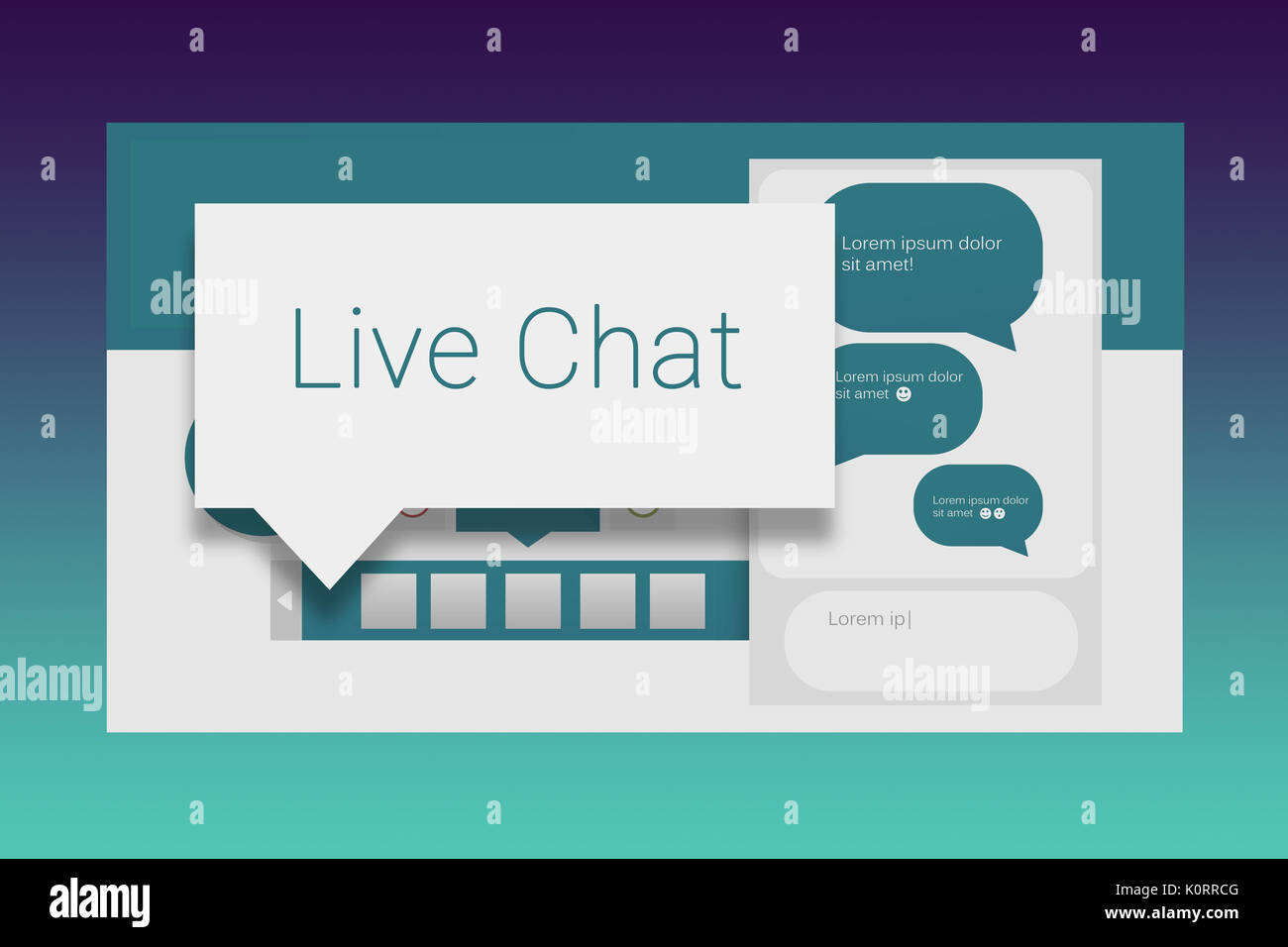 Speech bubbles with live chat text against turquoise and purple background Stock Photo