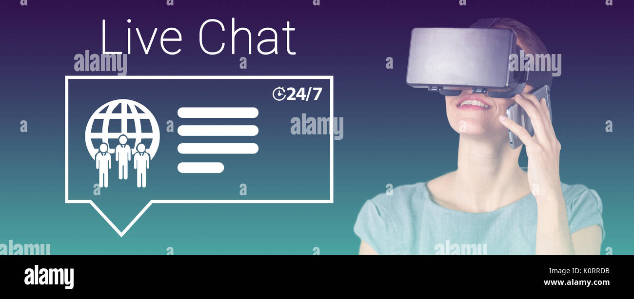Happy woman talking on mobile phone while using virtual reality headset against turquoise and purple background Stock Photo