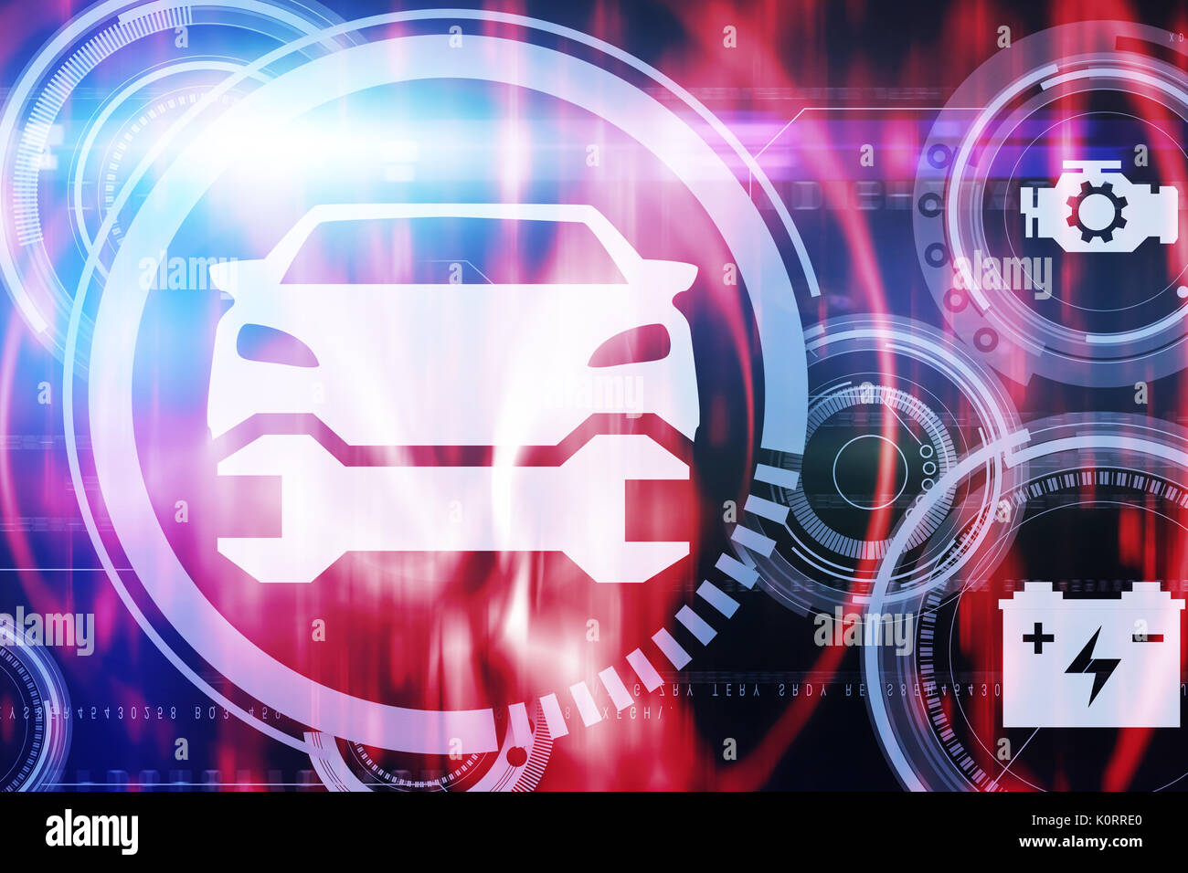 Graphic image of car and tools against computer screen showing bright wallpaper Stock Photo