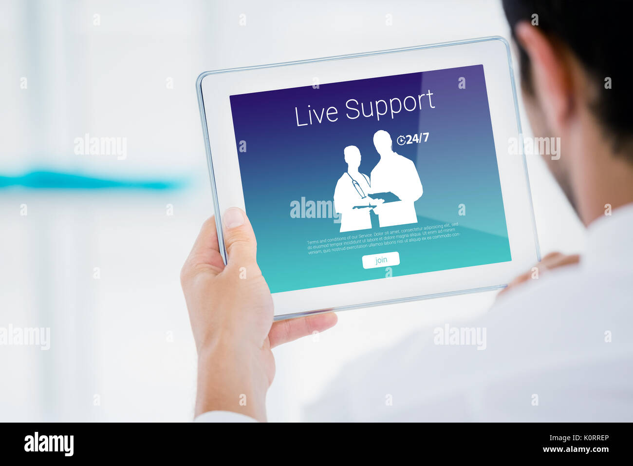 Human representations with live support text against cropped image of businessman holding digital tablet Stock Photo