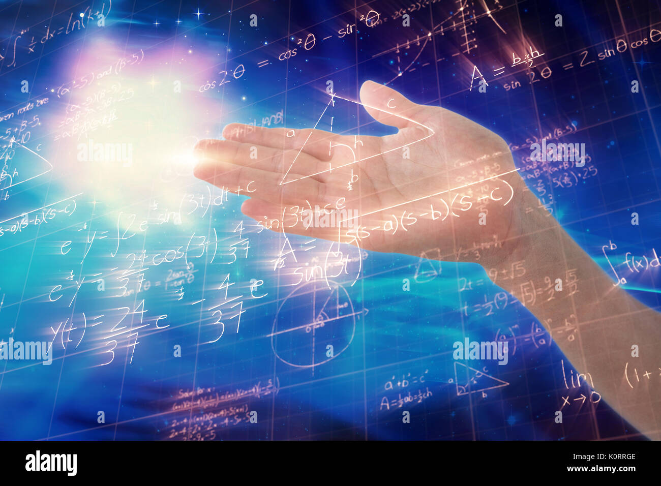 Cropped image of hand pretending to hold invisible object against image of geometric equations solved on blackboard Stock Photo