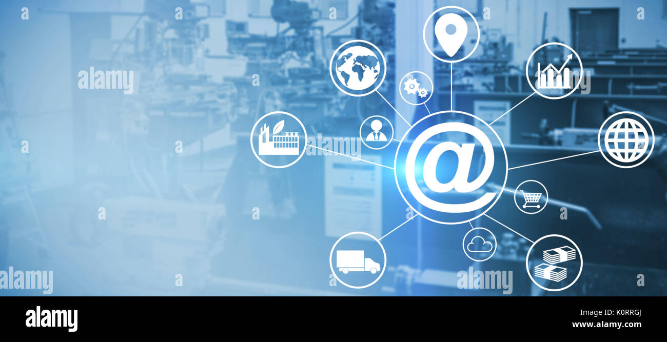 Composite image of at symbol amidst various icons against image of machinery Stock Photo