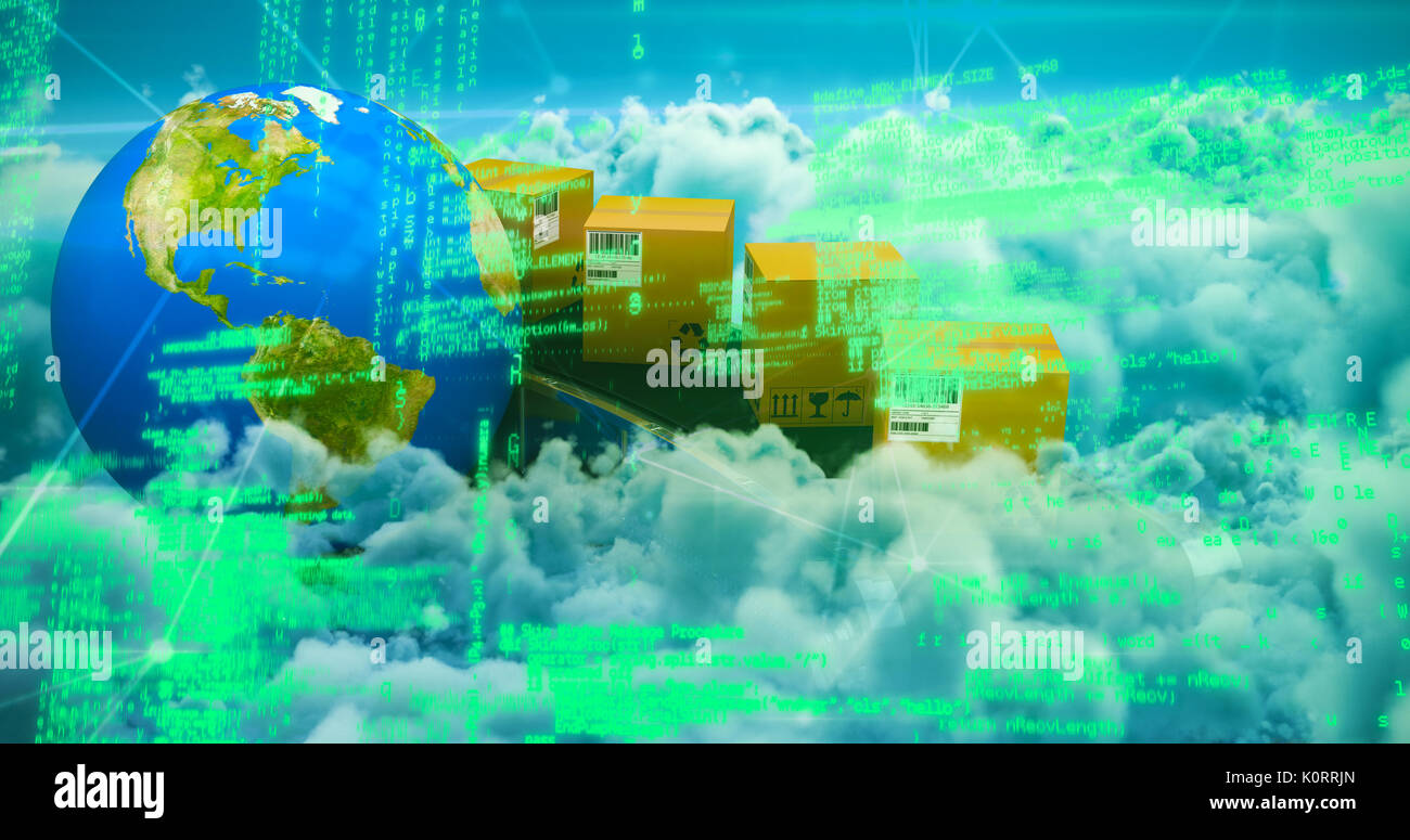 Blue codes against clouds against blue sky Stock Photo