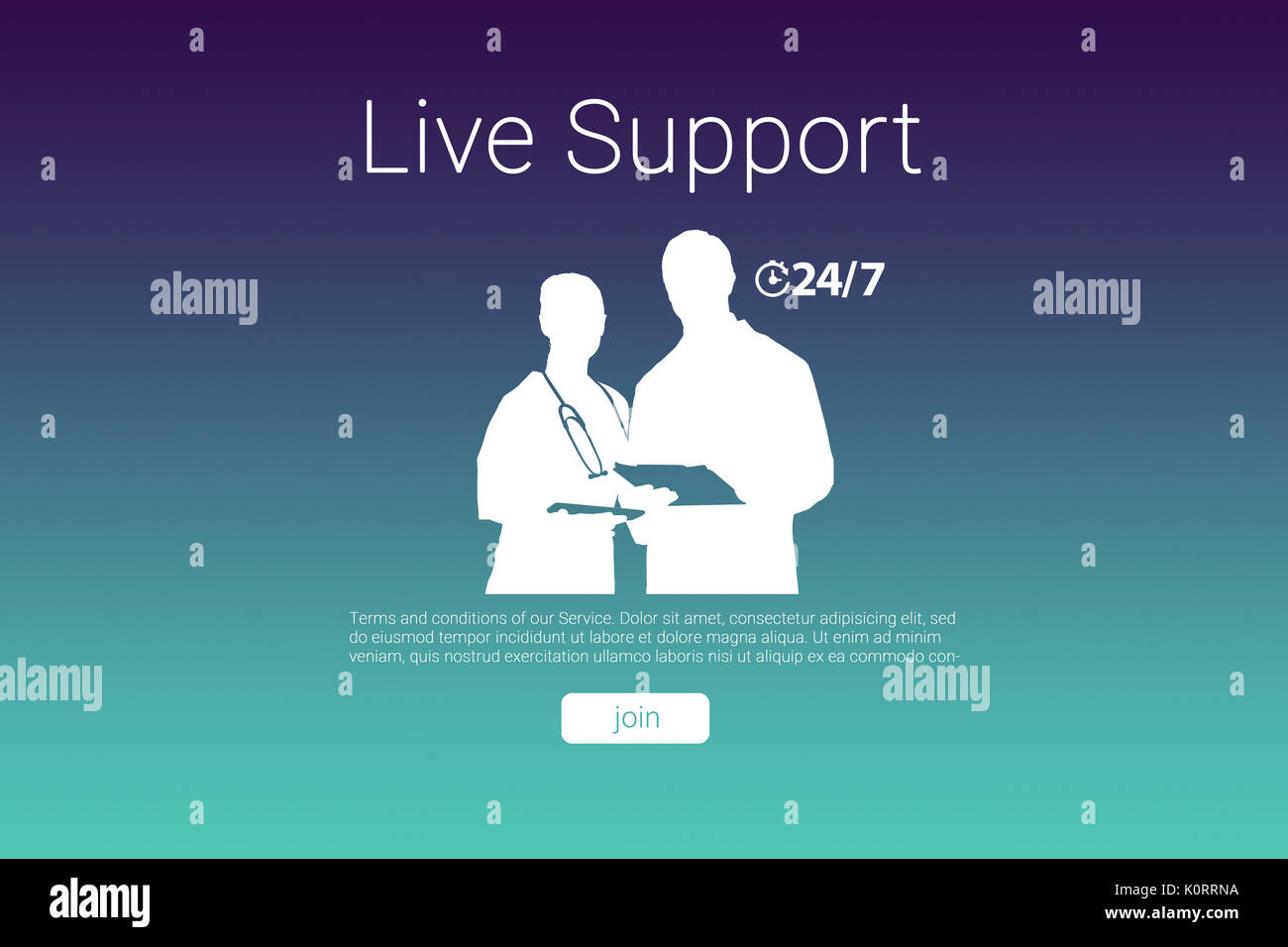 Live support text with human representations against turquoise and purple background Stock Photo