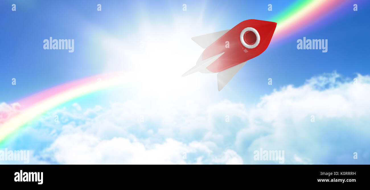 White and red spaceship toy against idyllic view of cloudscape against sky Stock Photo