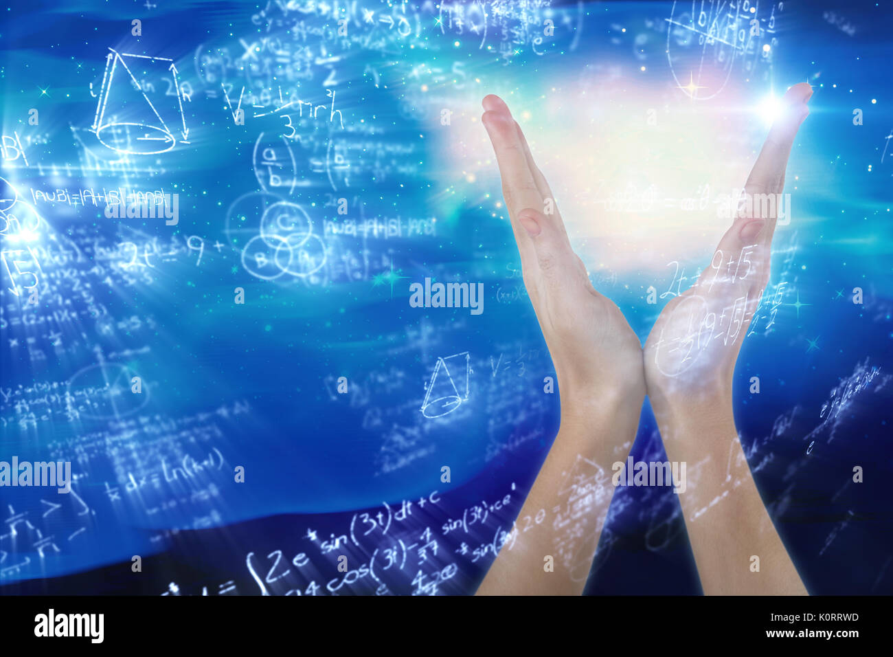 Hands gesturing against white background against digitally composite image of trigonometric equations with diagram and solution Stock Photo