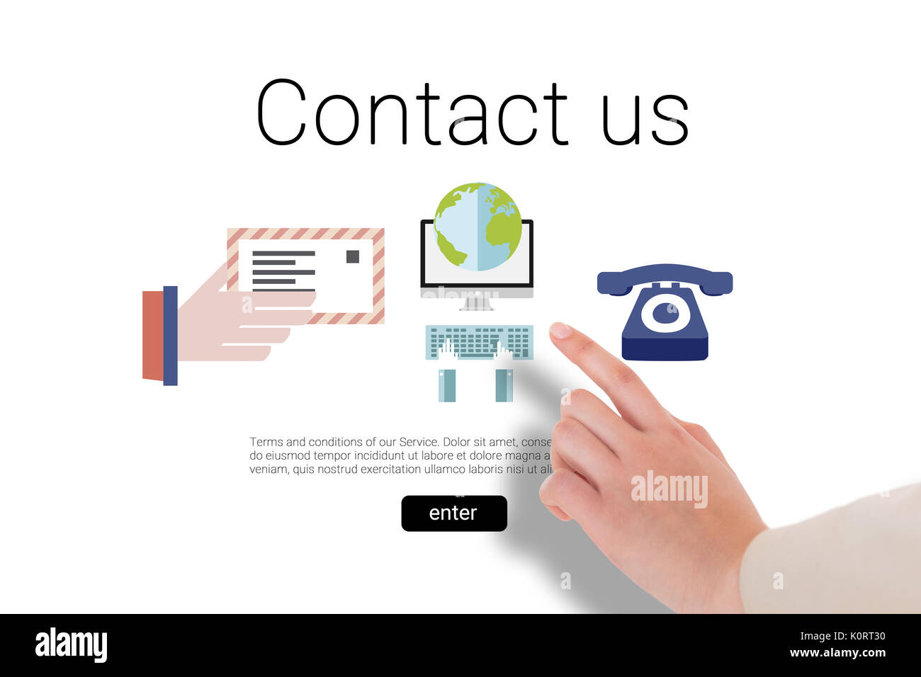 Businesswoman pointing against icons with contact us text Stock Photo