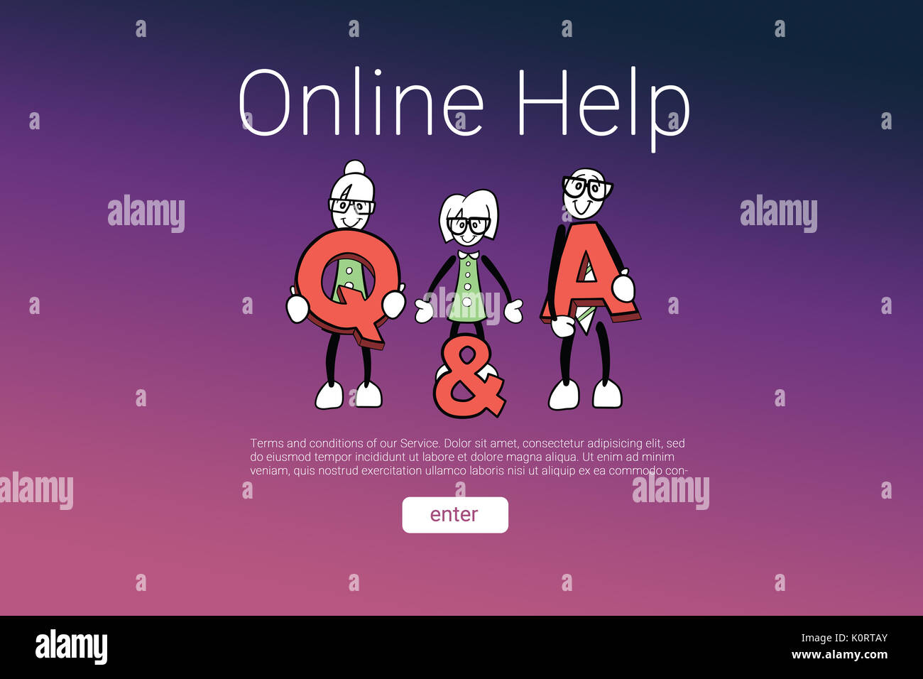 Human representations with letters and online help text against pink and purple background Stock Photo