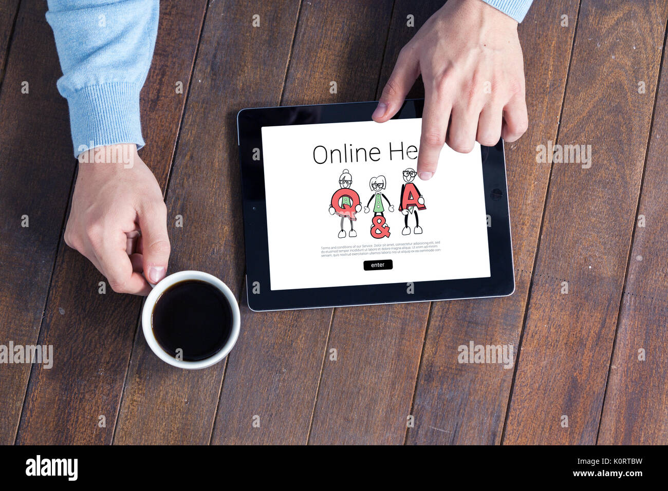 Human representations with letters and online help text against man using digital tablet while having cup of coffee Stock Photo