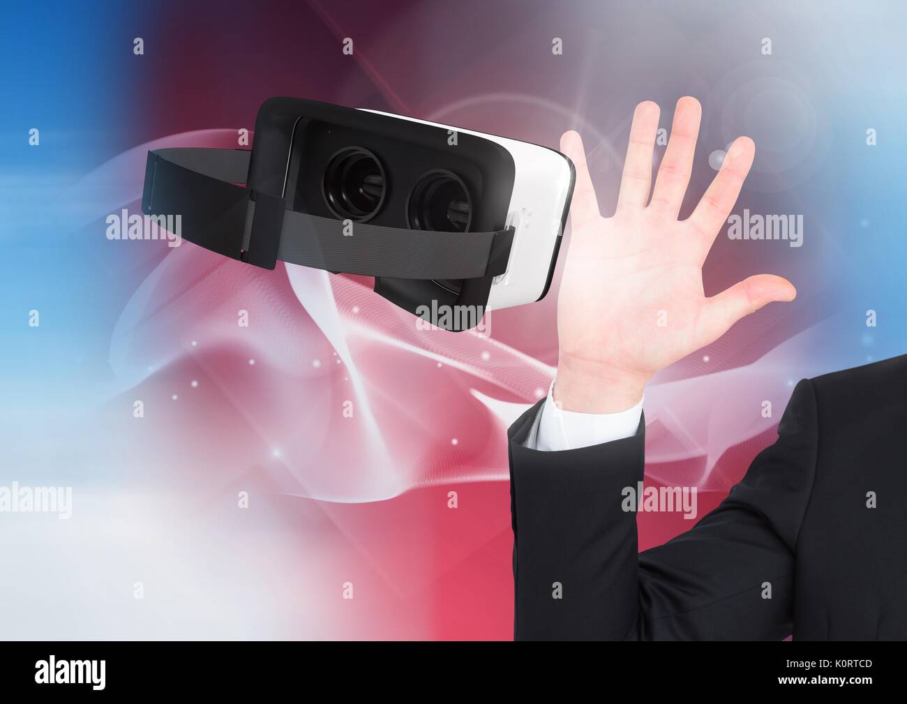Digital composite of Man touching and interacting with virtual reality ...