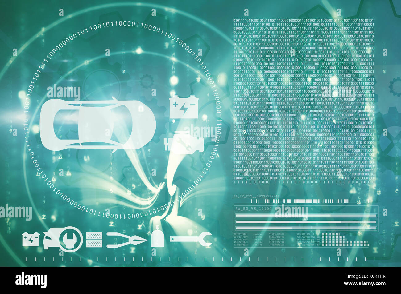 Vector image of tools and car against abstract blue pattern Stock Photo